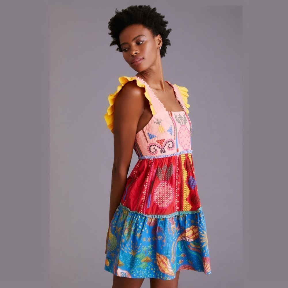 🌸 FARM RIO 🌸by Anthropologie Color blocking Embroidered Mini Dress size XL new